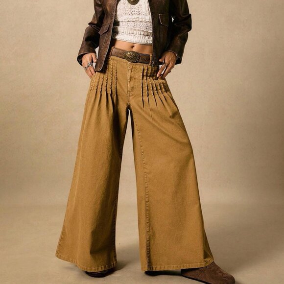 Pants - Khaki Boho Women's Western Washed Flared Loose Denim Trousers